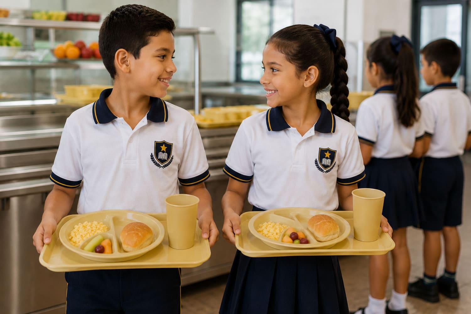 Estudiantes en comedor escolar con bandejas PAE reutilizables
